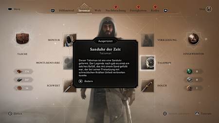 Screenshot aus Assassin's Creed Mirage zeigt das Inventar samt der Sanduhr der Zeit.