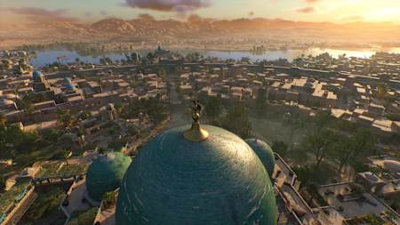 Screenshot aus Assassin's Creed Mirage zeigt Basim auf der Spitze eines Palastes mit Blick über Bagdad.