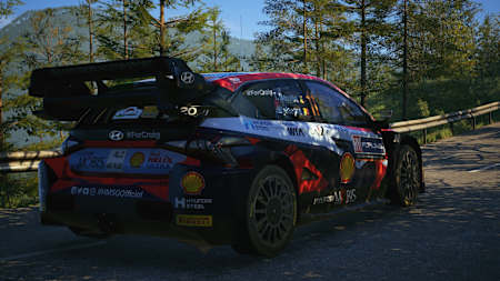 Screenshot from EA Sports WRC shows Thierry Neuville's car in the forest.