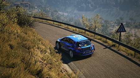 Screenshot from EA Sports WRC shows Adrien Fourmaux's Ford Fiesta on a narrow mountain road