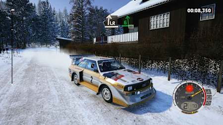 Screenshot from EA Sports WRC shows an Audio Sport quattro S1 drifting in the snow.