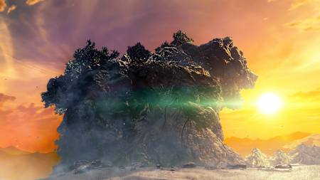 Captura de pantalla de Wild Hearts muestra un oso gigante petrificado con el sol de fondo.