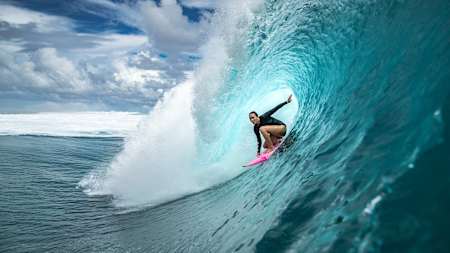 Carissa Moore rides the tube at Teahupo'o in Tahiti