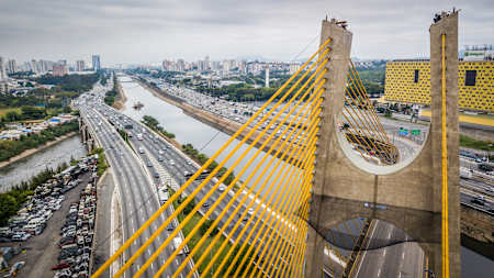 Sandro Dias skates the Estaiadinha Bridge in São Paulo.