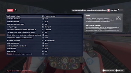 Capture d'écran de F1 215 montrant la personnalisation des aides à la conduite. 