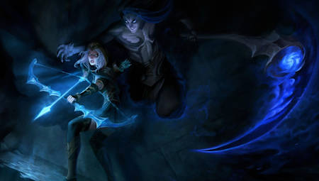 Kayn in Shadow Assassin form lurking behind Ashe