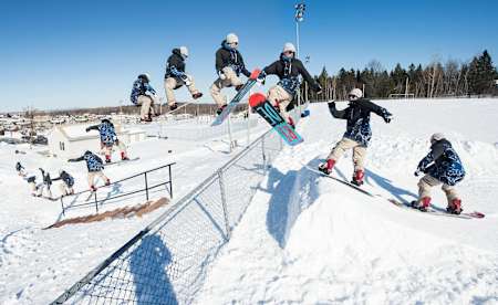 Sebastien Toutant performs a hard way switch frontside 450 bagel out in Sherbrooke, Canada on March 18th, 2014