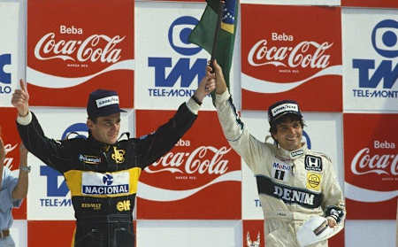 Ayrton i Nelson Piquet na podium w brazylijskim Rio w 1986 roku
