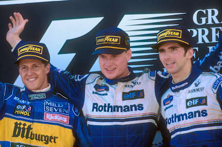 David Coulthard celebrates his first win at the 1995 Portuguese Grand Prix.