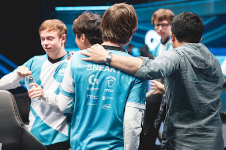 Cloud9 on stage after a tough match at Worlds