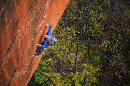 Mountain climber Sasha DiGiulian on a route in Waterval Boven, South Africa in July 2013