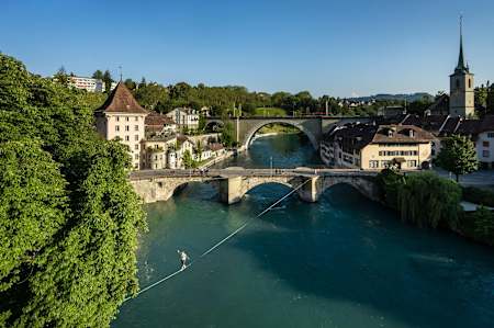 Thomas Buckingham walking on a highline over the Aare river in Bern, Switzerland in July 2013