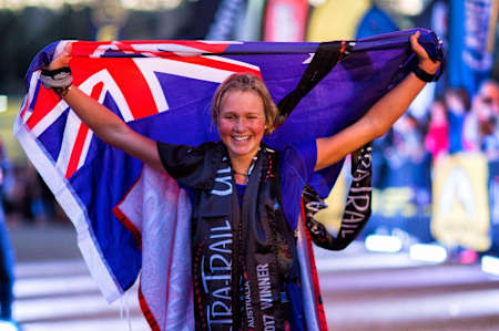 Lucy celebrates (again) after winning Ultra-Trail Australia in 2017.