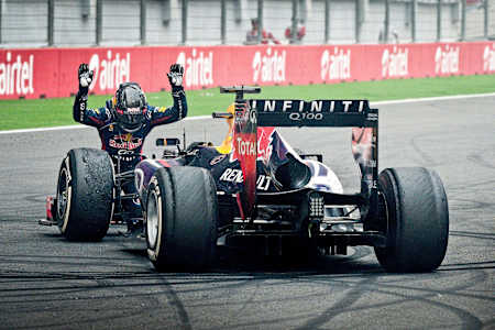 Infiniti Red Bull Racing's Sebastian Vettel celebrates his fourth F1 World Championship in India 2013
