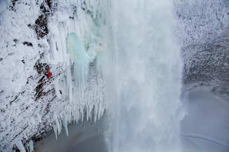 Canadian climber Will Gadd making the first ascent of Helmcken Falls, BC