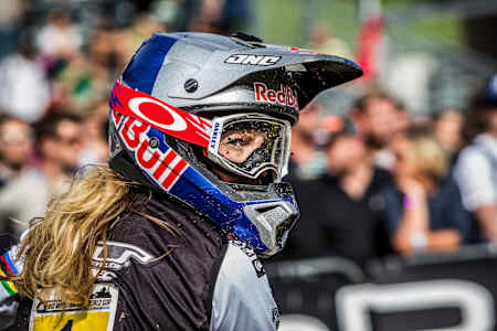 Rachel Atherton seen at the finish line at the UCI Mountain Bike Downhill World Cup in Leogang, Austria on September 22nd, 2013
