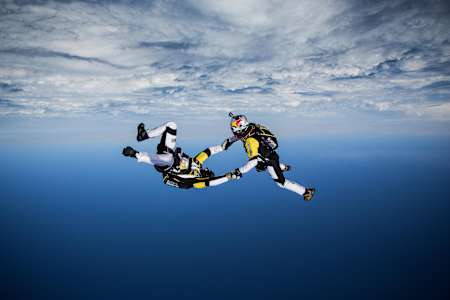 Fred Fugen and Vincent Reffet training in Austria in may 12th for a jump at 33 000 feet (10 km) above the Mont Blanc, France, on May 31st 2014