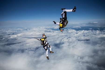 Fred Fugen and Vincent Reffet training in Austria in may 12th for a jump at 33 000 feet (10 km) above the Mont Blanc, France, on May 31st 2014