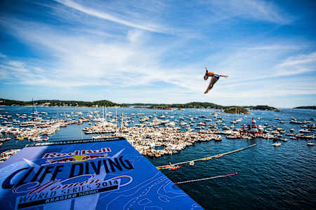 Action from the Red Bull Cliff Diving World Series 2014 in Kragerø, norway on July 12 2014
