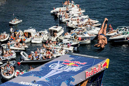 Orlando Duque of Colombia dives from the 28 metre platform during the fourth stop of the Red Bull Cliff Diving World Series, Kragero, Norway on July 12th 2014.