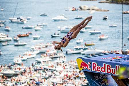 Tara Hyer-Tira performs at the fourth stop of the Red Bull Cliff Diving World Series, Kragero, Norway on July 12th 2014.