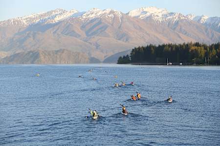 Kayakers on the River Cluth in New Zealand.