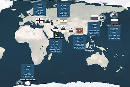 Infografica 7 luoghi, Valery Rozov, Wingsuit, BASE jump