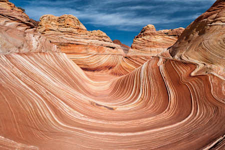 The Wave, Arizona an area of fantastic eroded sandstone featuring beautiful swirls, wild colors, countless striations, and bizarre shapes