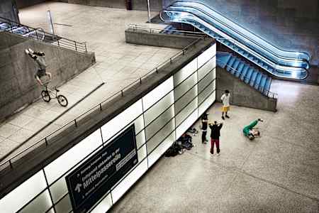 Tim Knoll with a headstand in a Berlin Railway Station on July 15, 2015