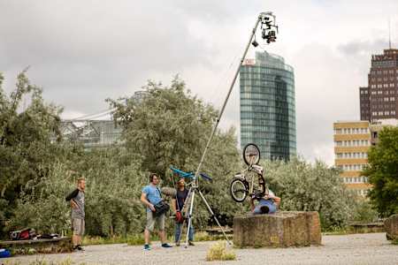 Tim Knoll's stone roll during his BMX film shoot in Berlin on July 15, 2015