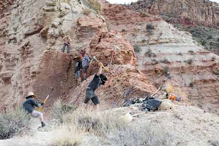 The build crew work on the site during the 2016 Red Bull Rampage build