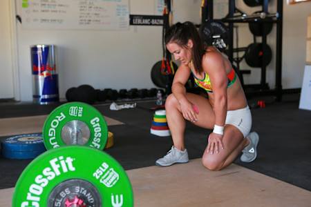 Camille catching her breath after her garage workout.