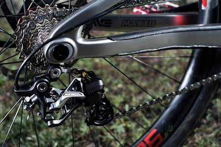 The Swingarm on Luca Shaw's Santa Cruz V10 MTB at Lourdes World Cup on April 27, 2017.