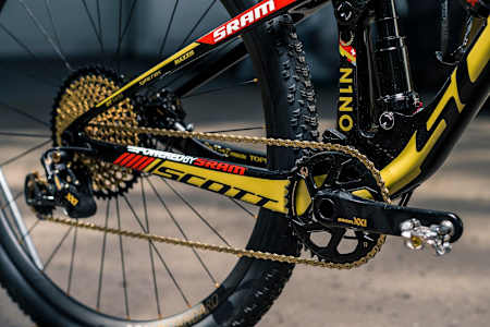 SRAM XX1 drivetrain on Nino Schurter's Scott Spark RC 900 MTB at Nove Mesto World Cup on May 19, 2017.