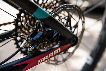 Close up of the rear brakes on Pauline Ferrand Prevot's Canyon Exceed.