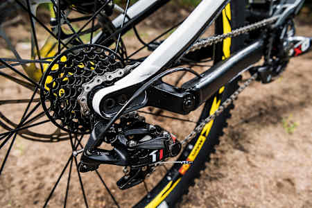 Rear view of Mark Wallace's Canyon Sender DH MTB in Fort William, Scotland on June 2, 2017