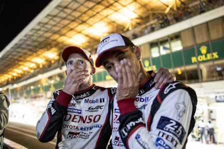 Toyota drivers react to their car breaking down at the 2017 Le Mans 24 Hours endurance race in Le Mans, France on June 17, 2017.