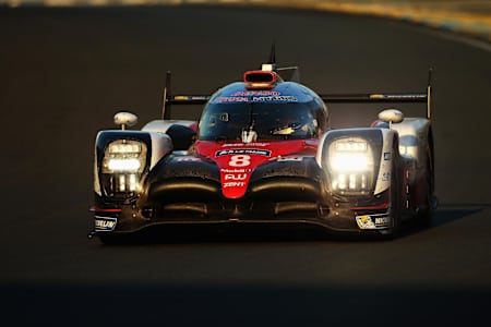 The No. 8 Toyota takes a corner during the 2017 Le Mans 24 Hours endurance race in Le Mans, France on June 17, 2017.
