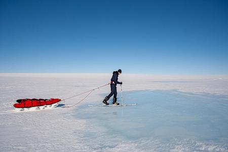 Bullard skis onto a refrozen melt pool.