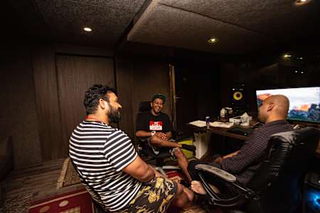 Rapper Gubbi talks to music producers at AudioKraft Studios in HSR Layout, Bengaluru