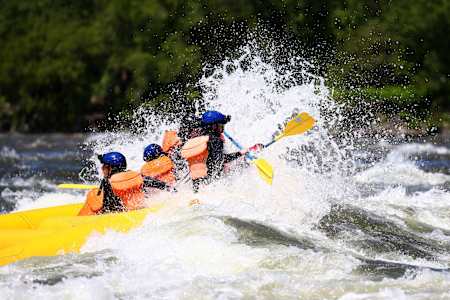 Formula One riders take part in a rafting session in the Lachine Rapids on the Saint Lawrence River at Montreal Rafting on June 7, 2017 in Montreal, Canada.