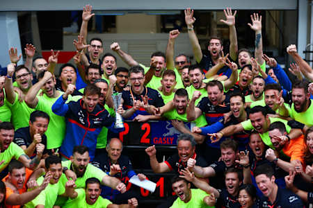 Second placed Pierre Gasly of France and Scuderia Toro Rosso celebrates with his team after the F1 Grand Prix of Brazil at Autodromo Jose Carlos Pace.