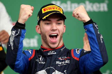 Second placed Pierre Gasly of France and Scuderia Toro Rosso celebrates on the podium during the F1 Grand Prix of Brazil at Autodromo Jose Carlos Pace.