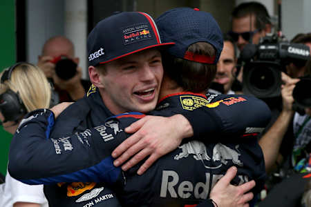 Race winner Max Verstappen of Red Bull Racing and second placed Pierre Gasly of Scuderia Toro Rosso celebrate in parc ferme during the F1 Grand Prix of Brazil at Autodromo Jose Carlos Pace.