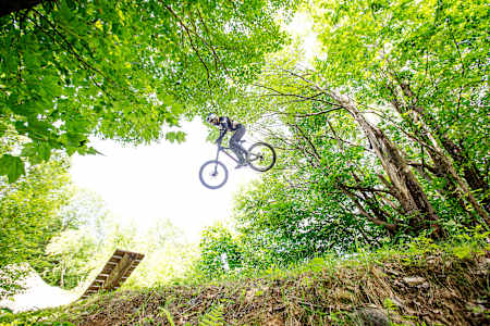Carson Storch rides his mtb at Highland Mountain Bike Park in Northfield, NH, USA on 15 July, 2019