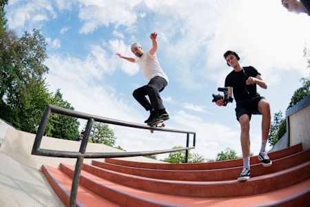 Vladik Scholz performing a BS Krooked Grind in front of Rewinside during their YouTube video production in Cologne, Germany on August 24, 2020.
