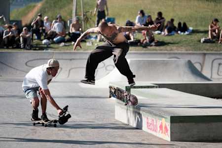 Marco Kada performs a nollie crooked heelflip at Red Bull LEDGEnd in Vienna, Austria on August 1, 2020