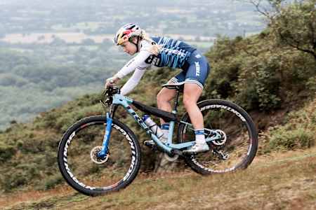 Evie Richards trains on her XCO bike in Malvern, United Kingdom.
