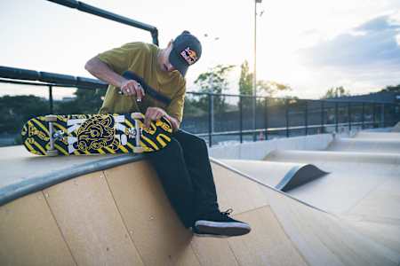 Danny Leon sets up his skateboard at X-Madrid, Spain on June 18, 2020