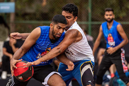Players compete on a half court basketball game at the Red Bull Reign 2019 India Finals.